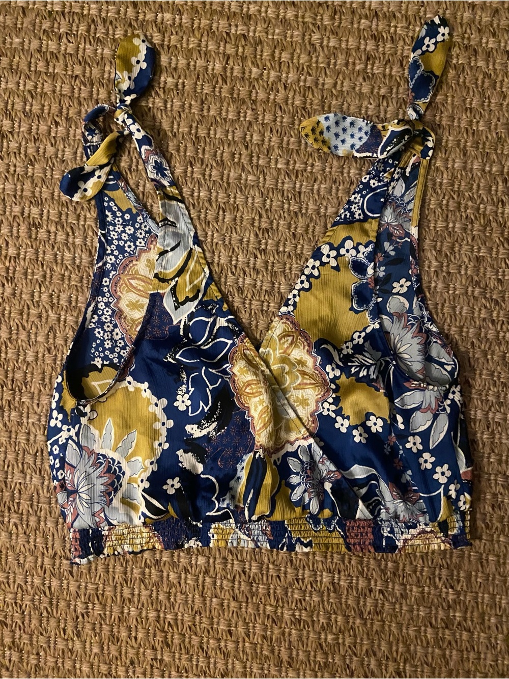 Free People Navy and Mustard Floral Tie-Shoulder Crop Tank